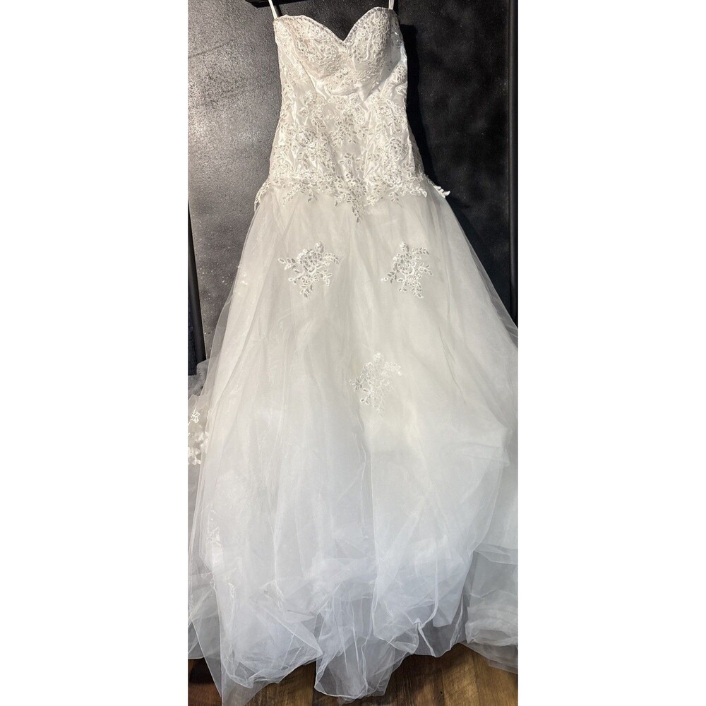 White Beaded Tulle Strapless Wedding Dress Gown Corset Tie Open Back Train Sz 4
